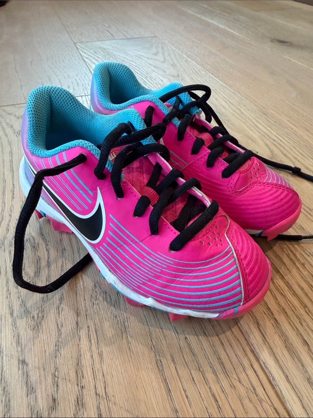 Nike Kids Pink and Teal soccer cleats with Black Accents
